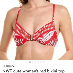 La Blanca Red Tropical Ring-Front Bikini TOP AND BOTTOMS with White Print